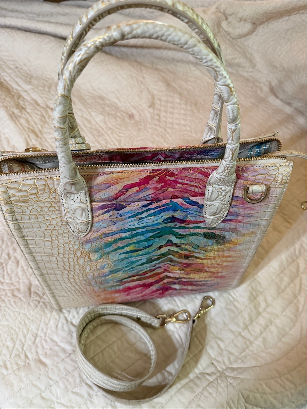 Brahmin Ivory Croc-Embossed Satchel with Multicolor Watercolor Accent - Picture 2 of 8